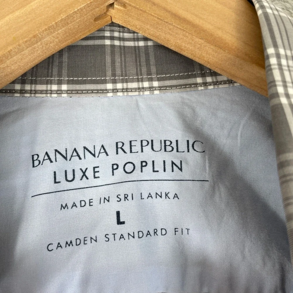 Banana Republic Shirt Mens Large Grey Luxe Poplin Plaid Camden Standard Fit